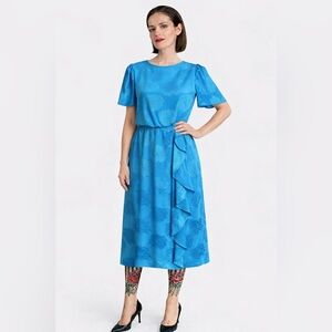 Vintage floral shine and matte pattern- front drape midi dress.